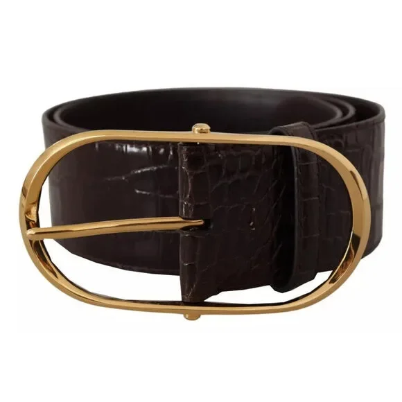 Dolce & Gabbana Brown Crocodile Pattern Leather Gold Oval Buckle Belt - Picture 2 of 7